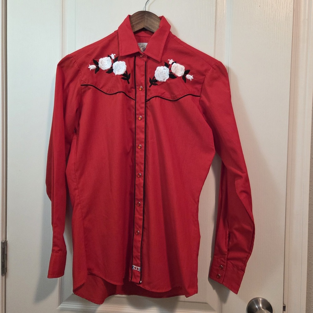 Vintage Country Charmers Red White Rose Western Shirt Pearl Snaps Womens Size S
